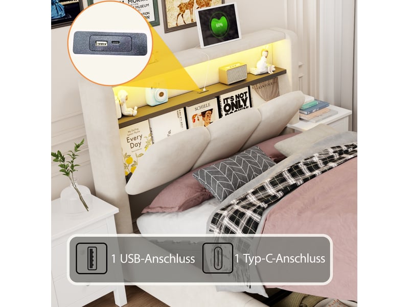  Lit coffre enfant, 90x200 cm, tête de lit avec rangement, led, usb, type c, matelas non inclus, velours, coloris beige  - Conforama E