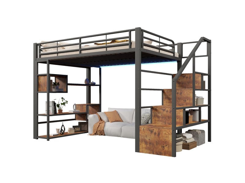  Lit mezzanine 140x200 cm, lit enfant, rangement, échelle sécurisée, barrière antichute, led, bois et métal noir  - Conforama W