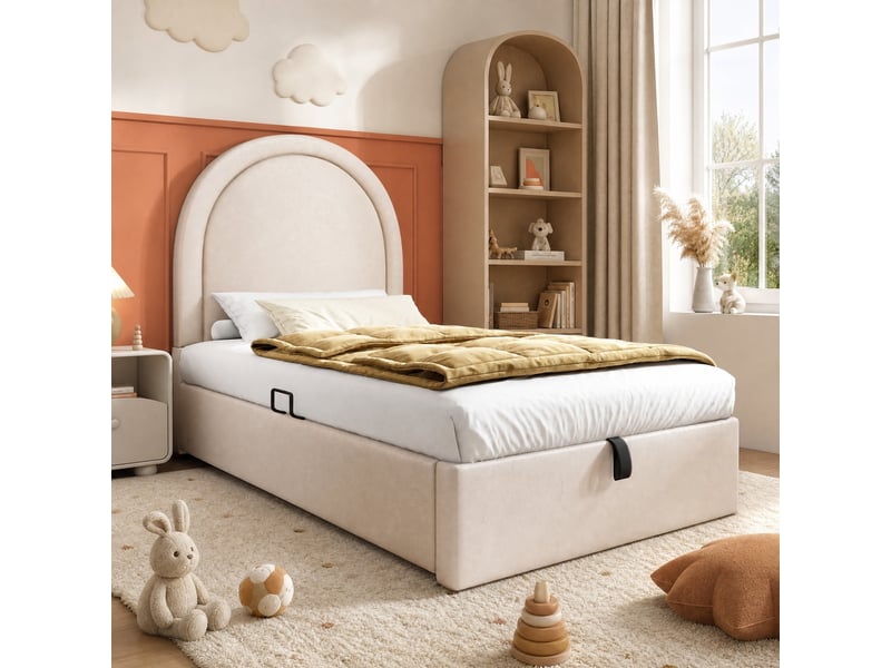  Lit coffre enfant 90x200 cm, lit simple en pu beige avec rangement sous le sommier et motifs, sans matelas  - Conforama B