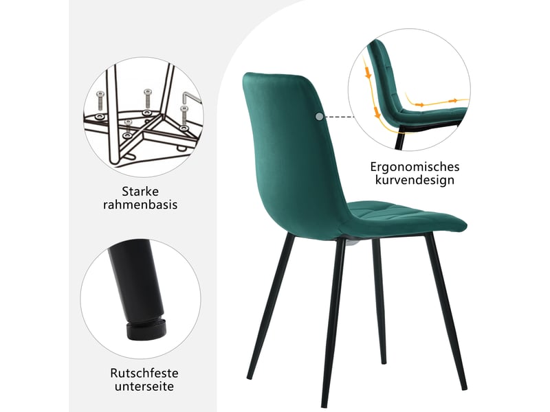 Ensemble table à manger et 4 chaises – blanc, noir et vert – table hexagonale effet marbre blanc, piètement métal noir, assises velours vert - Conforama R