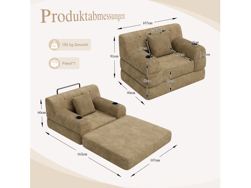  Fauteuil convertible tcqpz 1 place 107 x 80 x 81 cm velours côtelé kaki avec 4 poches et 2 porte-gobelets  - Conforama C