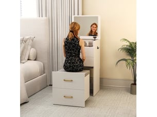 Coiffeuse 3 en 1 48 x 40 x 90 cm – blanche – miroir relevable, tabouret à roulettes et 2 tiroirs