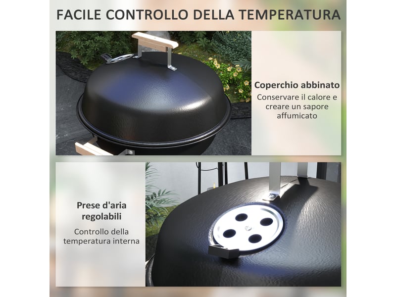  Barbecue à charbon avec couvercle et grille en acier, sur roulettes, noir  - Conforama W