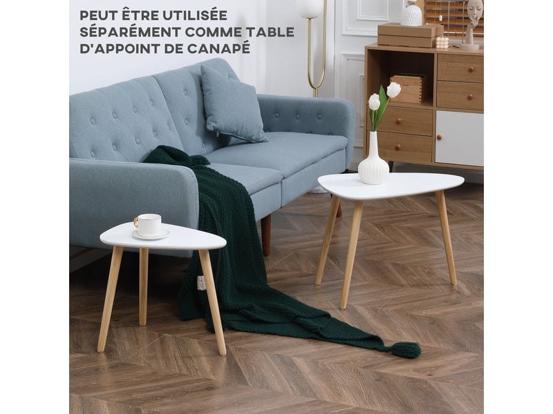 Lot de 2 tables basses gigognes design pieds scandinave en bois et plateau en bois, blanc  - Conforama R