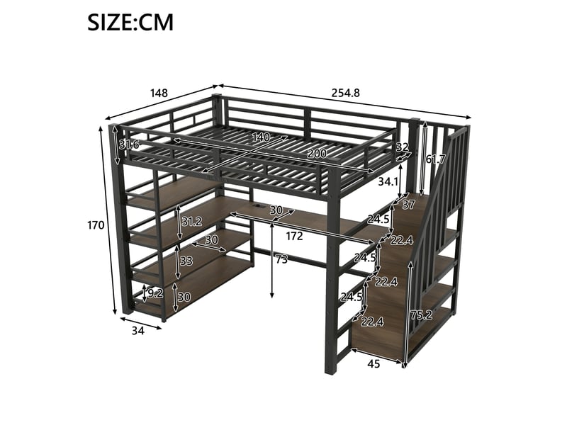 Lit mezzanine 140x200 cm en métal avec bureau, rangements, led et usb noir - Conforama C