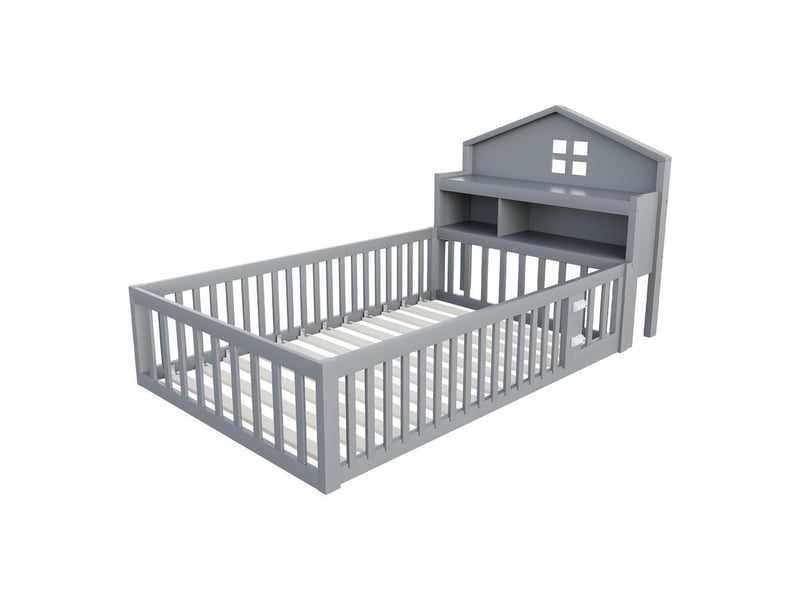  Lit enfant en bois massif 90x200 cm, avec cadre maison, étagères, rangement, barrière de sécurité et porte, gris  - Conforama W