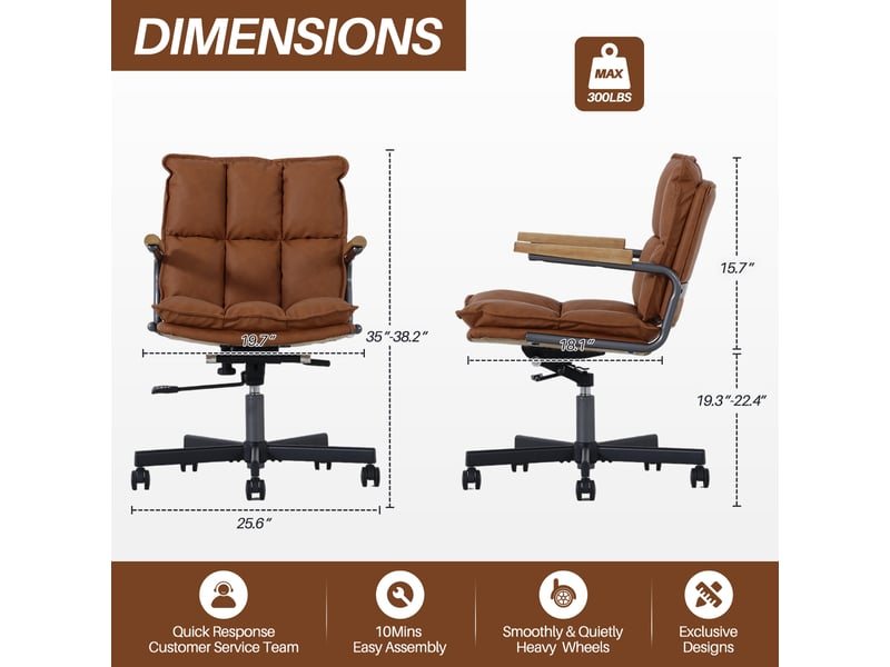  Chaise de bureau ergonomique en cuir brun avec accoudoirs en chêne roulettes et rotation 360 degrés hauteur réglable pour bureau evarich - Conforama C