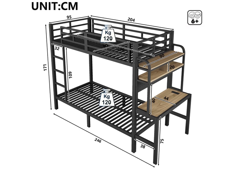  Lit superposé 90x200 cm avec bureau et led en métal noir  - Conforama E