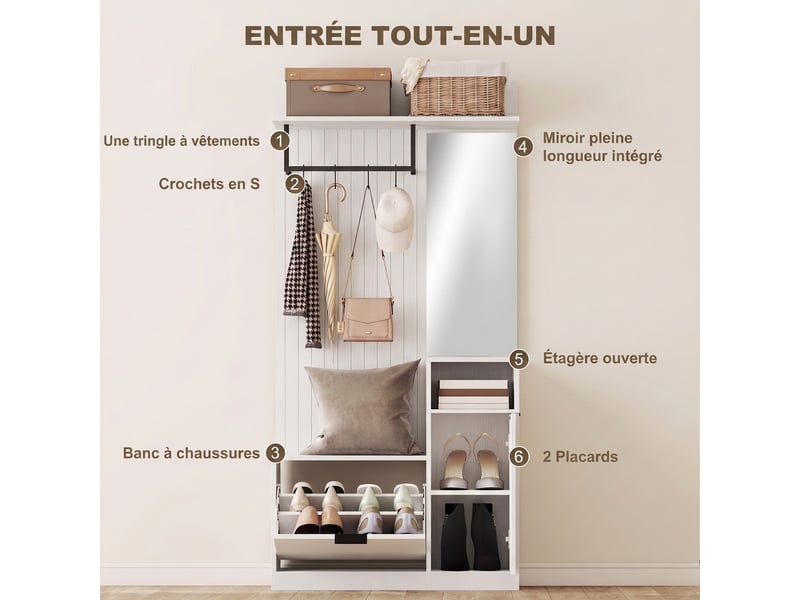 Meuble d'entrée porte-manteau 6 en 1 blanc effet bois - Conforama D