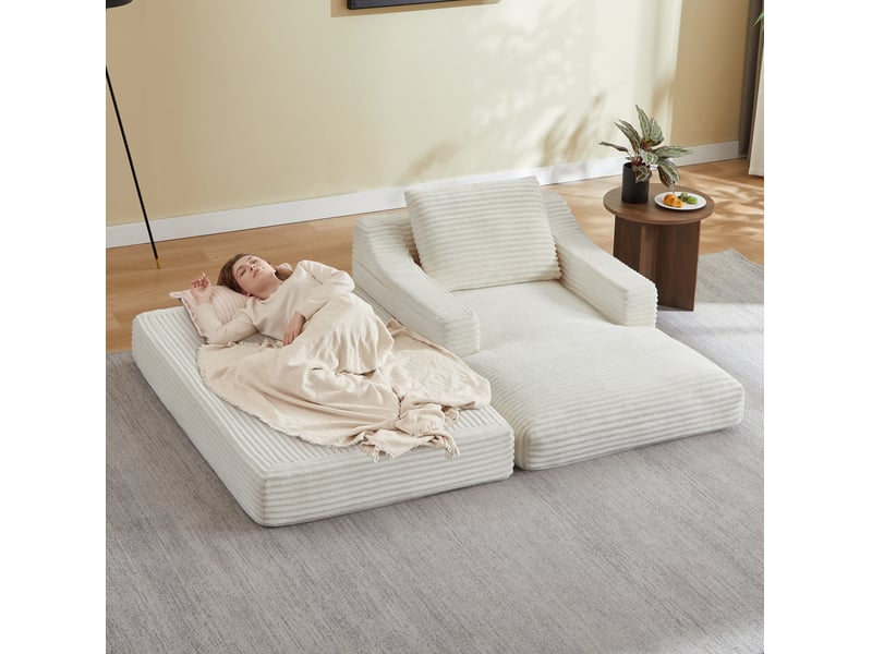  Canapé droit convertible 1 place en velours côtelé blanc, design double couche pour salon et chambre  - Conforama E