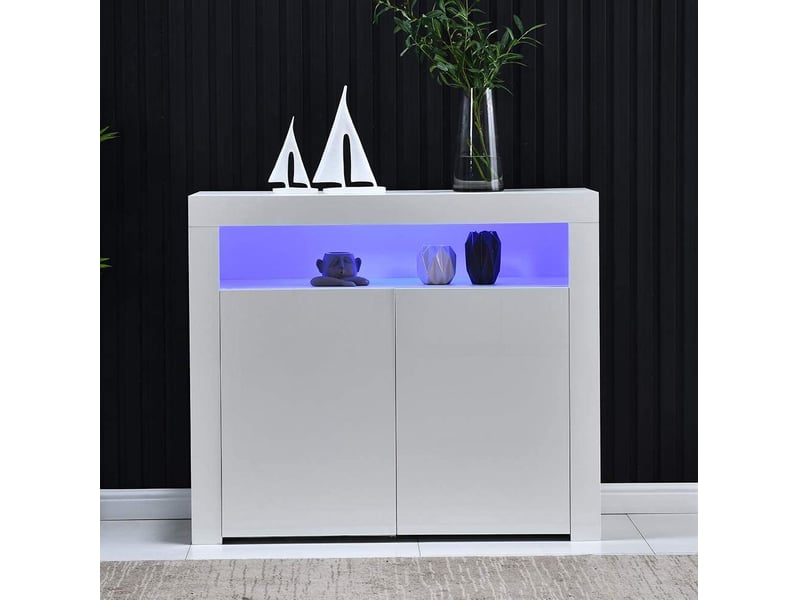  Buffet 2 portes blanc brillant avec éclairage led - 108 x 40 x 92 cm  - Conforama B