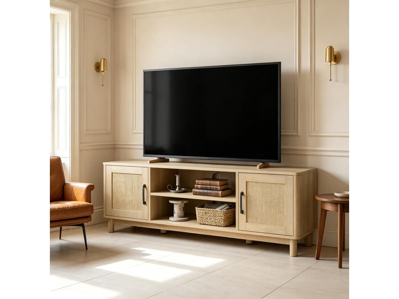  Meuble tv bas 135x39x45cm passe-câbles pour tv 65 | style bohème effet chêne et portes en rotin | 6 pieds pin charge 52kg - chêne clair  - Conforama C