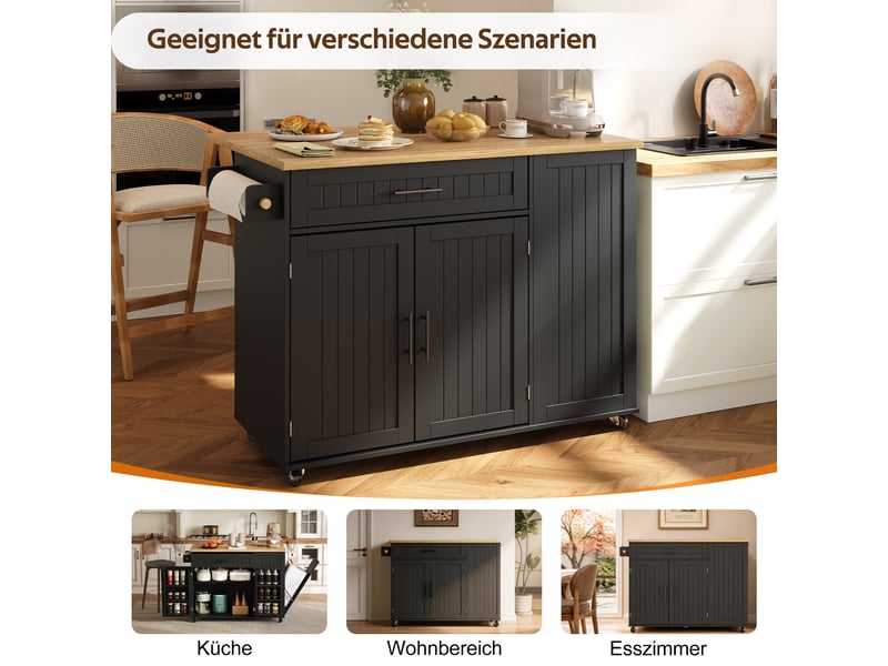  Îlot de cuisine sur roulettes avec plateau rabattable en mdf noir 130x70x93 cm  - Conforama D