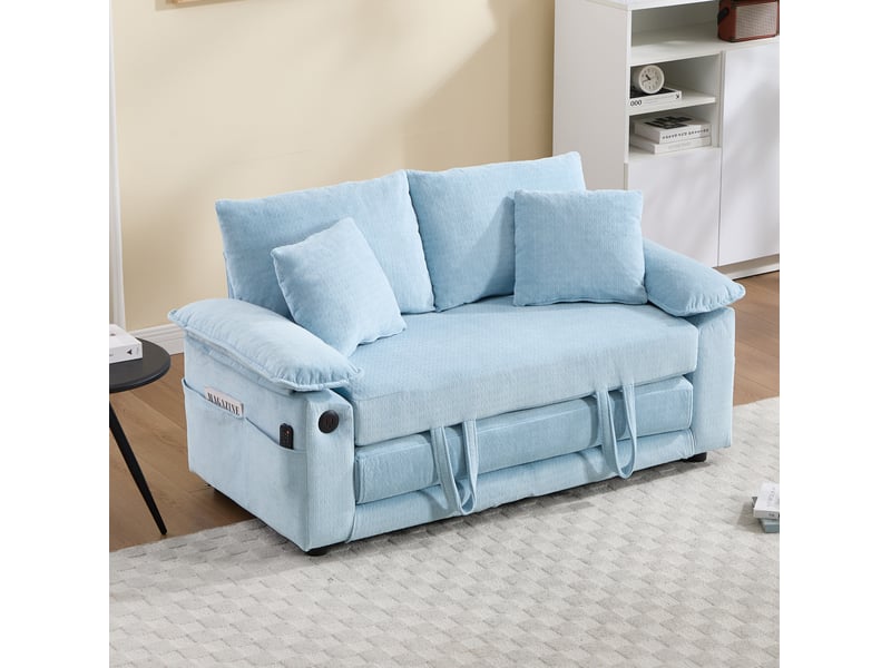  Fauteuil d'appoint avec coussin cervical et lombaire, design moderne pour salon et bureau, en chenille, bleu  - Conforama C