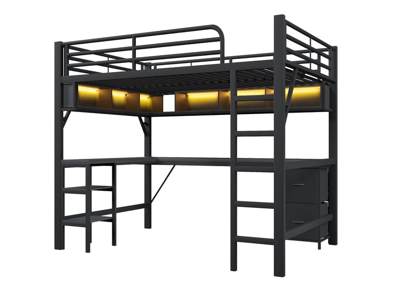  Lit mezzanine noir 140x200cm avec escalier rangement, bureau, eclairage lde &amp; prise usb, sécurité renforcée - fer - pour enfant ado  - Conforama D