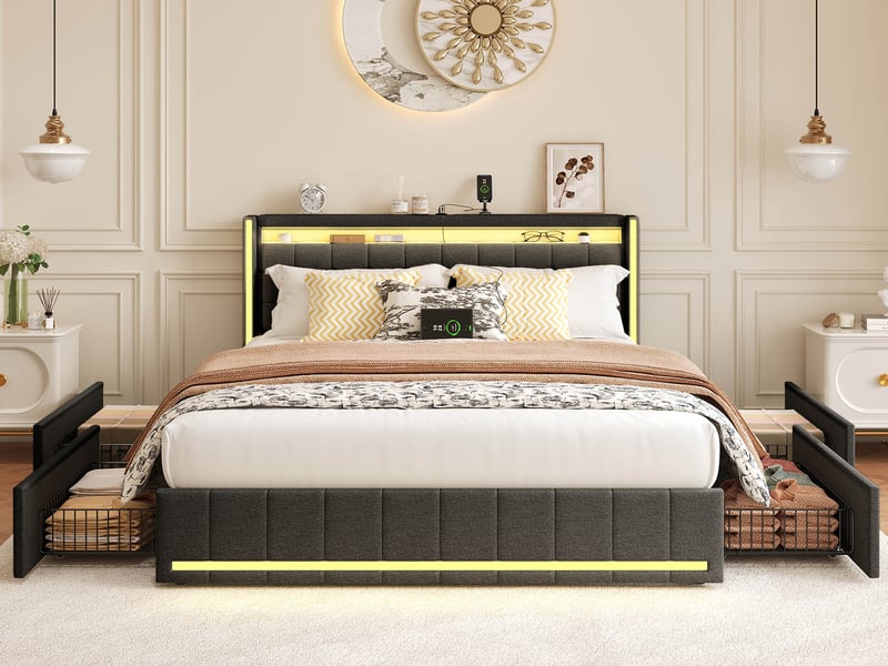  Lit double rembourré 140x190 avec led et usb, lit 2 personnes avec sommier à lattes et 4 tiroirs, pour adultes et adolescents, lin gris  - Conforama B