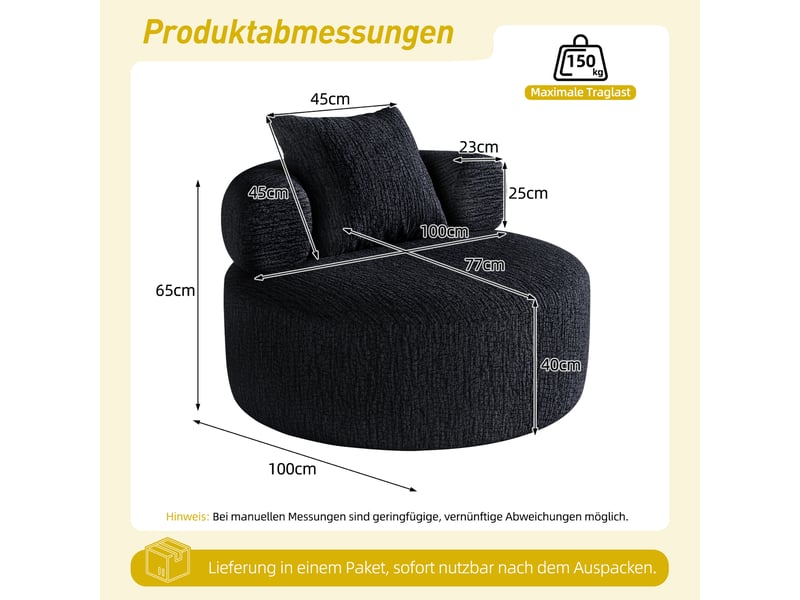  Pouf rond effet chenille noir 100 cm effet chenille avec coussin pour salon et chambre IKSETERA TRADING LTD - Conforama C
