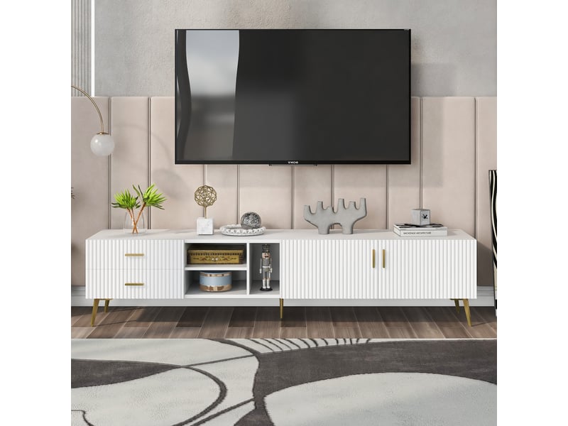  Meuble tv blanc 180 cm avec façade rainurée et rangements, meuble tv pour téléviseur jusqu'à 80 pouces, style moderne  - Conforama D