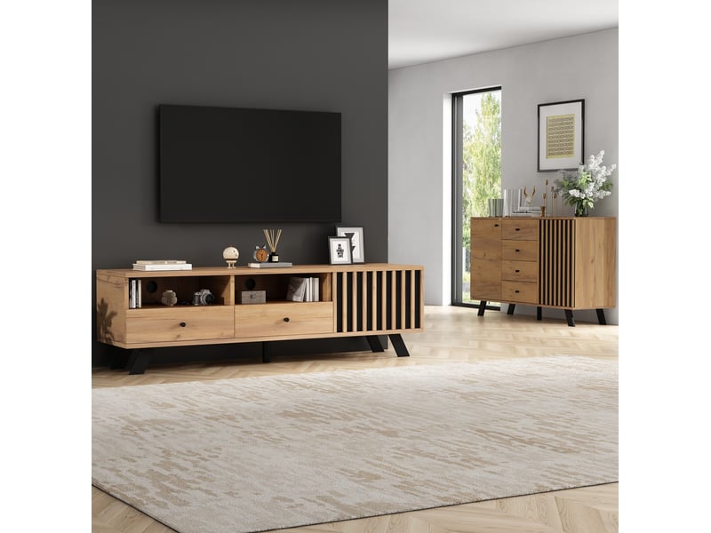  Ensemble meuble tv 150 cm et buffet 120 cm bois naturel et noir  - Conforama C