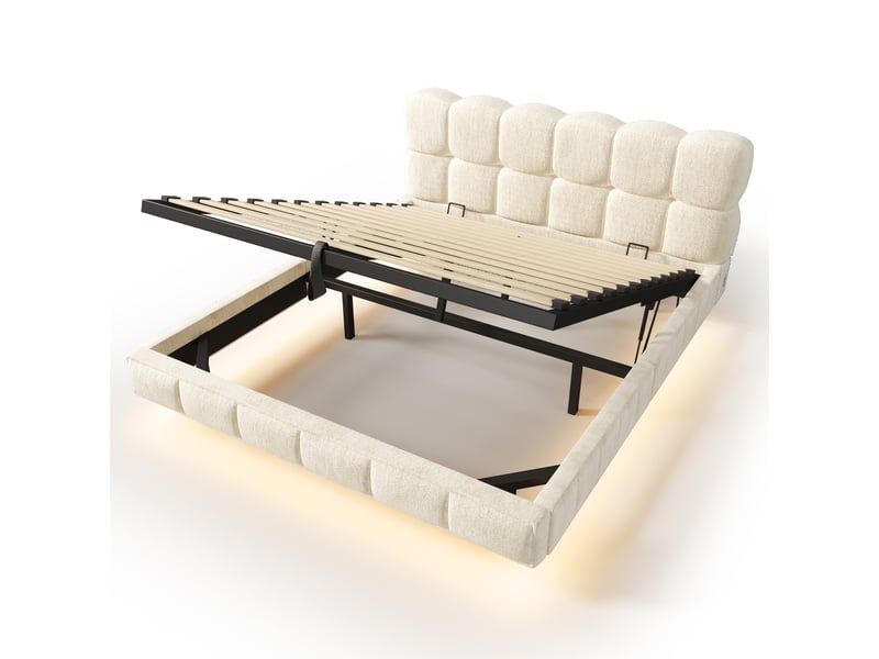  Lit coffre 140x200 cm avec rangement hydraulique, led, usbtype-c, sommier à lattes, design bubble en chenille, beige, sans matelas  - Conforama D
