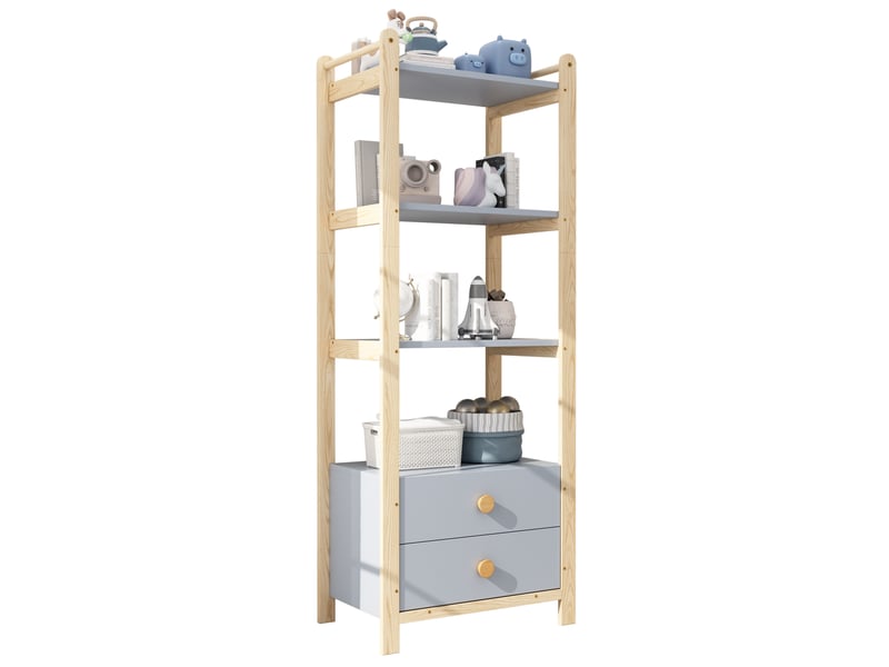  Bibliothèque avec 3 étagères ouvertes et 2 tiroirs, en pin et mdf bleu, pour salon ou chambre, 70 × 44 × 180 cm  - Conforama A