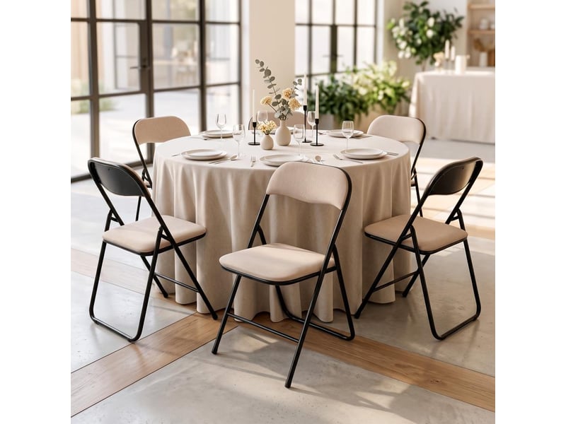  Lot de 6 chaises pliantes rembourrées en tissu beige et pieds métal noir - greta GRETA - Conforama B