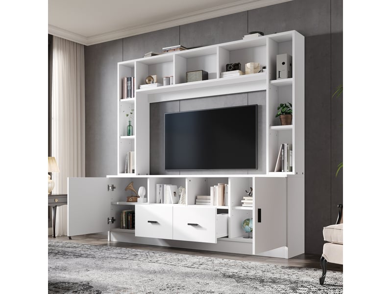  Ensemble mural tv blanc 180 x 35 x 170 cm avec 2 placards et 2 tiroirs  - Conforama D
