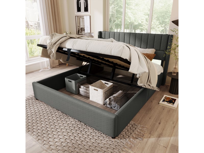  Lit coffre double 160x200 cm, sans tissu en fond, sommier à lattes, design moderne, en lin gris, matelas inclus  - Conforama R