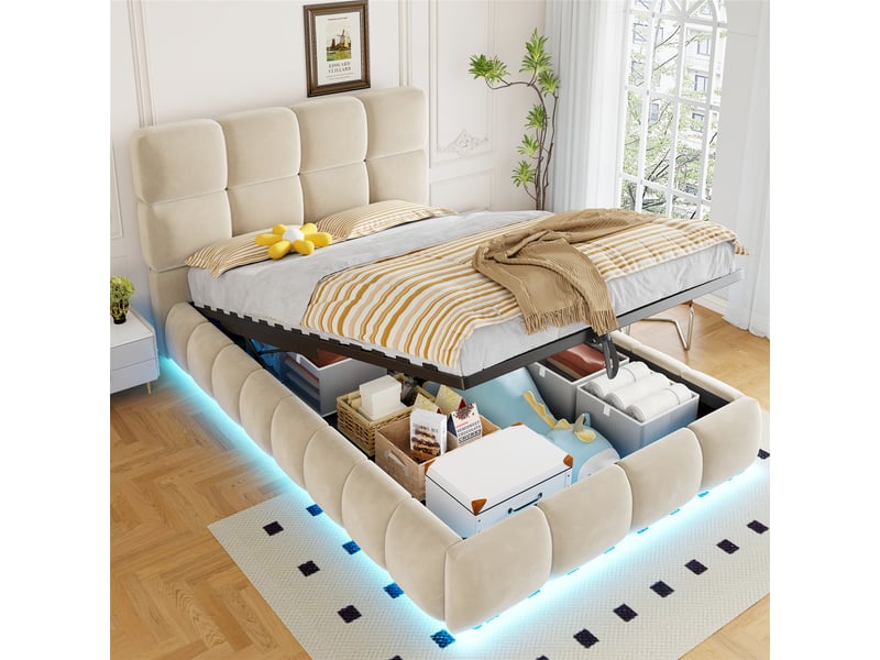 Lit rembourré pour enfant 90 x 200 cm, rangement hydraulique, avec bande lumineuse, velours, beige - Conforama E
