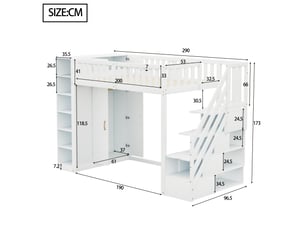 Lit mezzanine 90x200cm en bois blanc, grands rangements, placard, échelle sécurisée et étagères.