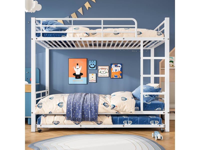 Lit superposé 3 places 90 × 200 cm et 90 × 190 cm avec lit gigogne, barrières et échelle, sans matelas, métal blanc - Conforama B