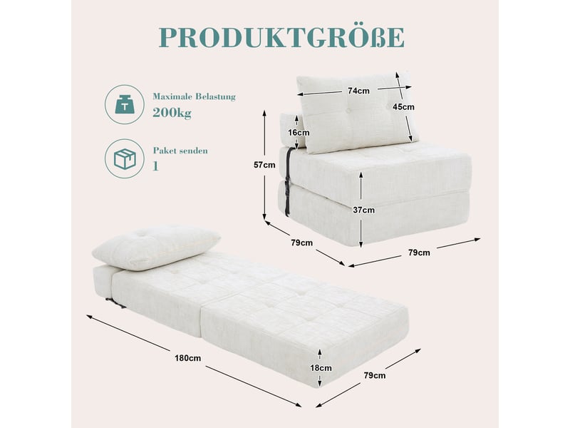  Canapé convertible pliable chenille beige avec coussins, dossier et matelas intégré  - Conforama C