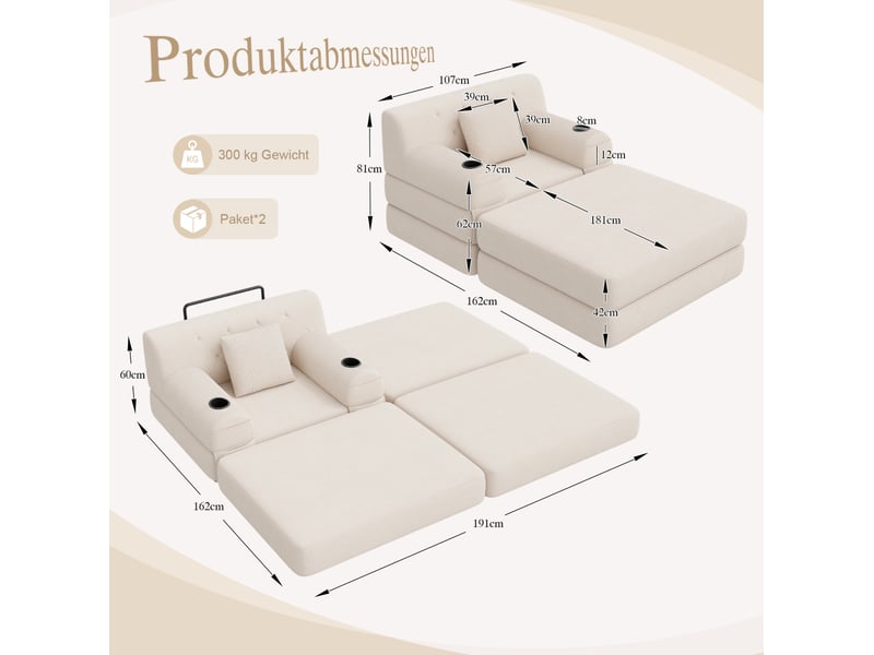  Fauteuil-lit 1 place en velours côtelé beige avec 4 poches et 2 porte-gobelets  - Conforama C