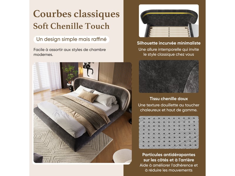  Lit 2 places 140x200 cm, tête de lit rembourrée, sommier à lattes, coins arrondis, cadre rembourré, chenille pour chambre - gris  - Conforama E
