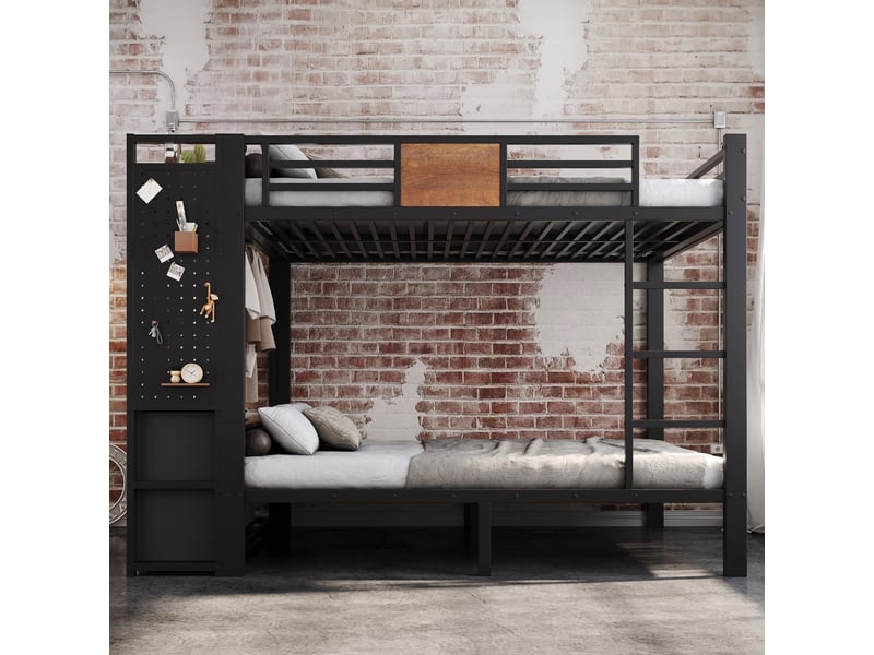  Lit superposé avec 2 couchages 120x200 cm, armoire, tringle à vêtements, panneau perforé, tiroirs en tissu et échelle, métal, noir et effet bois Seren Glow - Conforama E