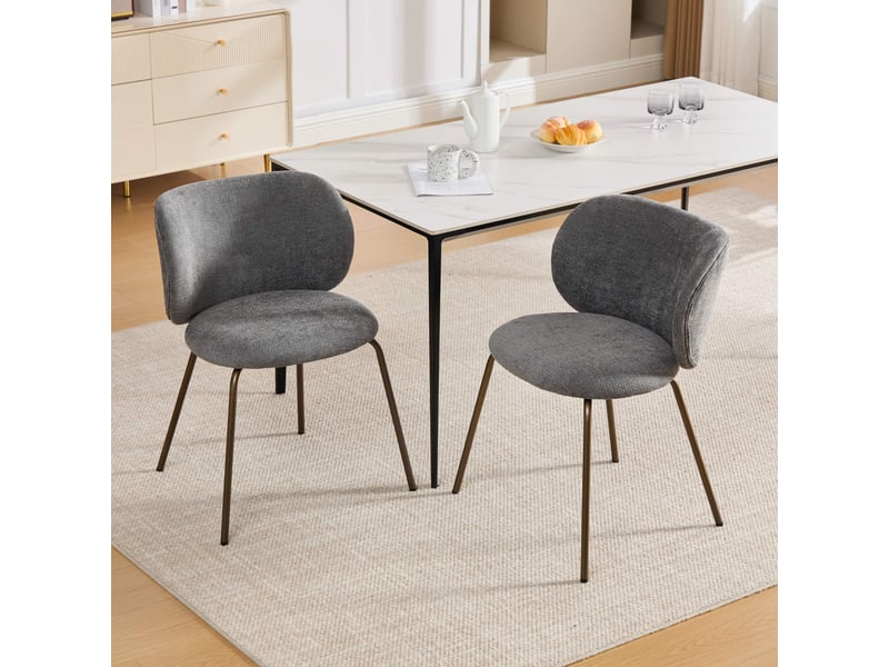 Chaises de salle à manger chenille grises lot de 2 avec dossier courbé et pieds métal bronze - Conforama B