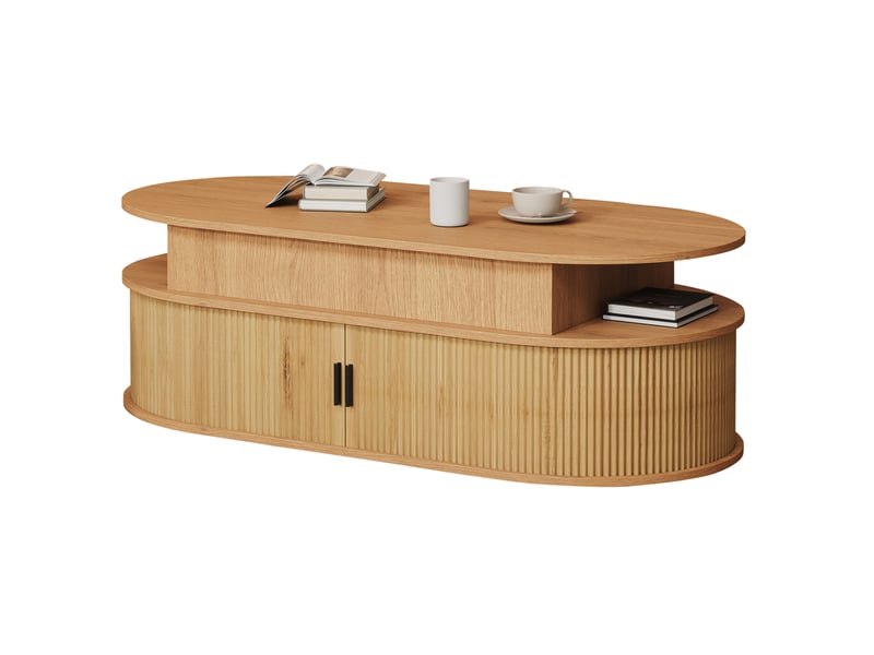  Table basse ovale avec plateau relevable jusqu'à 55 cm, rangement et portes coulissantes, mdf, aspect noyer, 100 x 50 x 40 cm  - Conforama A