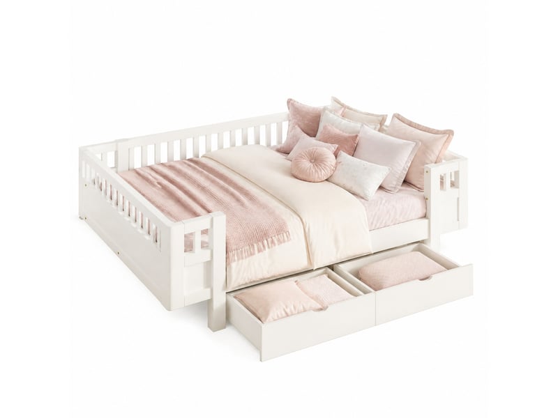  Lit plateforme avec rangement modenvie 140 x 200 cm avec barrière de sécurité et 2 grands tiroirs, blanc  - Conforama A