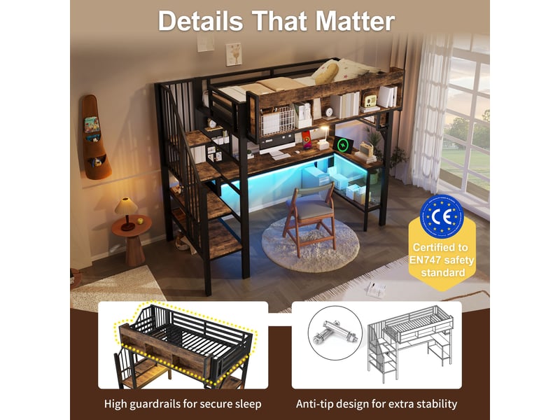  Lit mezzanine noir et bois vintage 90x200cm avec rangement, structure robuste, sécurité renforcée - fer et mdf - pour enfant ado  - Conforama D