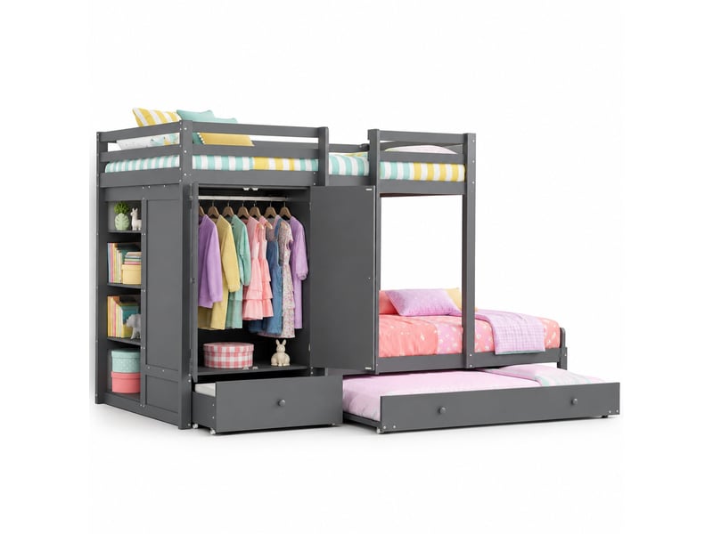 Lit superposé enfant 200×90 cm avec lit gigogne, armoire, tiroirs et étagère, sans matelas, en bois gris - Conforama A