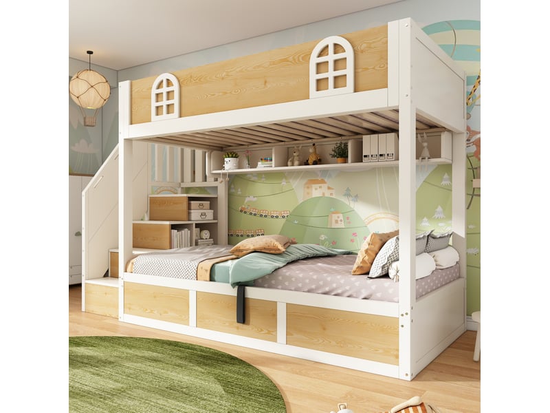  Lit superposé enfant 90x200 cm avec escalier de rangement coloris blanc et naturel  - Conforama B