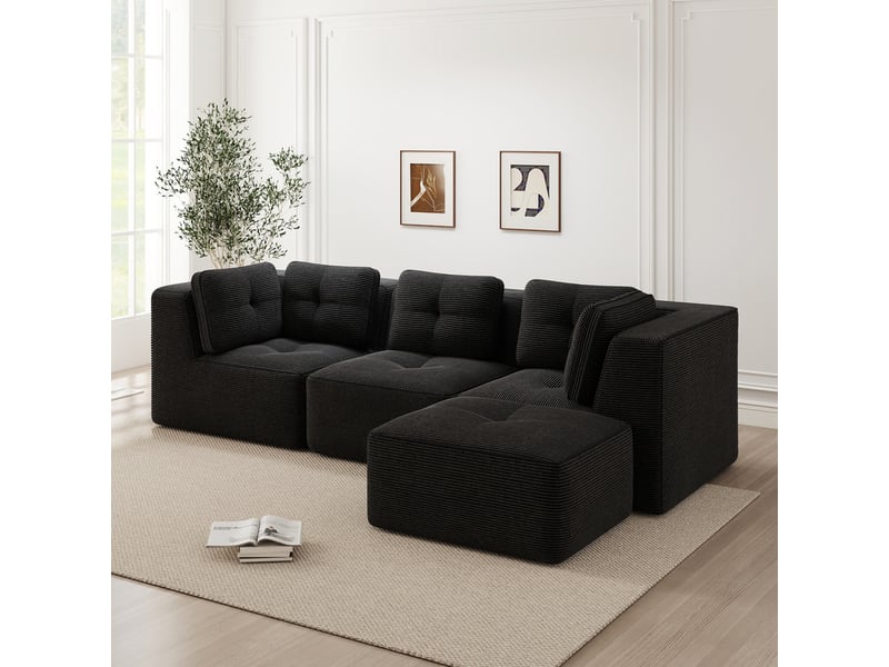  Canapé modulable d’angle en l 3 places avec ottomane en velours côtelé noir, sans montage  - Conforama D