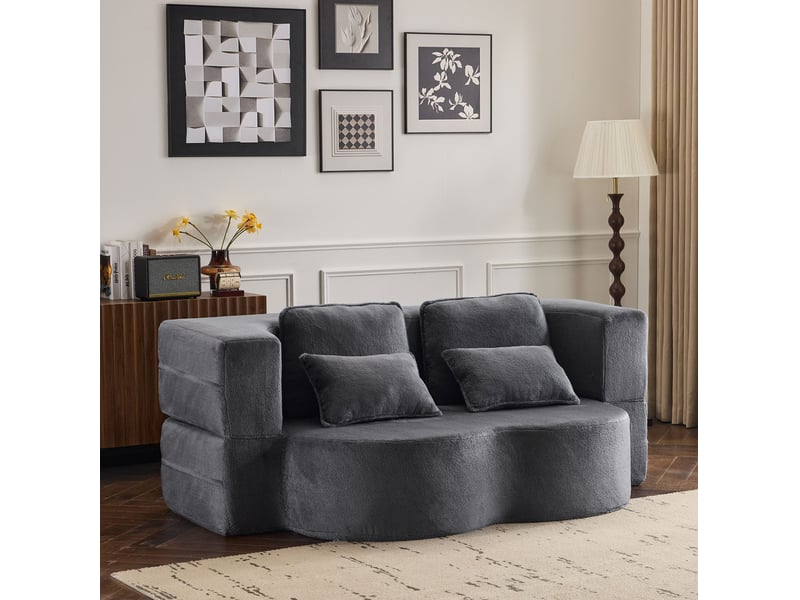 Canapé droit convertible 2 places en velours bleu gris avec 4 coussins, pliable pour salon, chambre ou invités - Conforama E