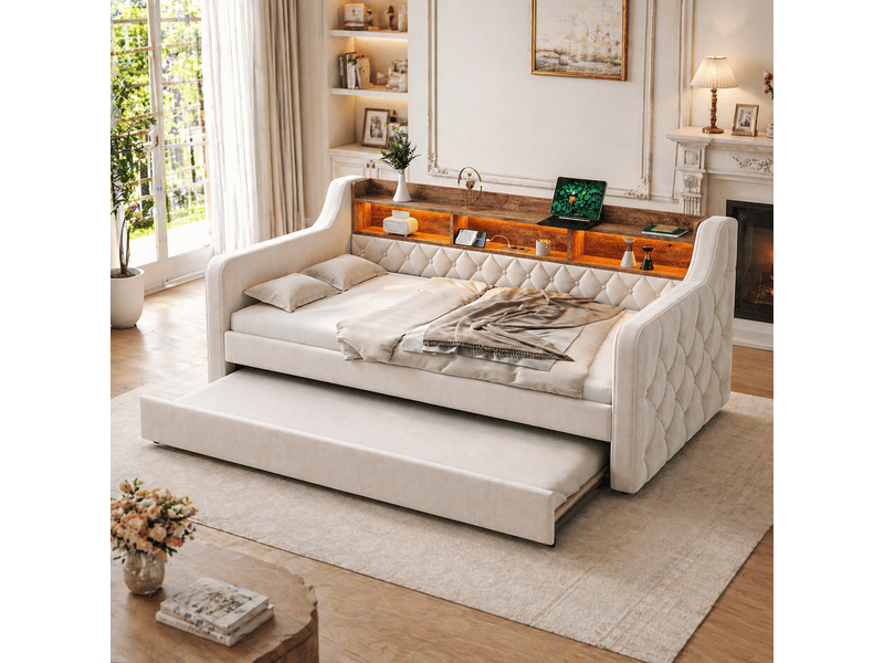  Lit gigogne rembourré 90x190 extensible en lit double, tête de lit avec rangement, led, usb-c, sommier à lattes, velours beige Morn Vibe - Conforama B