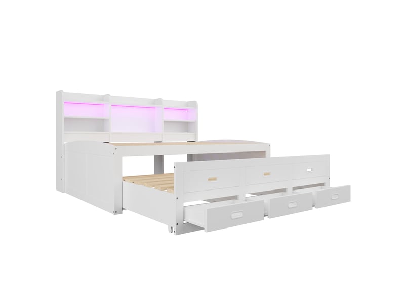  Lit banquette 140x200 cm blanc, éclairage led, tiroirs intégrés et prises usb-c  - Conforama E