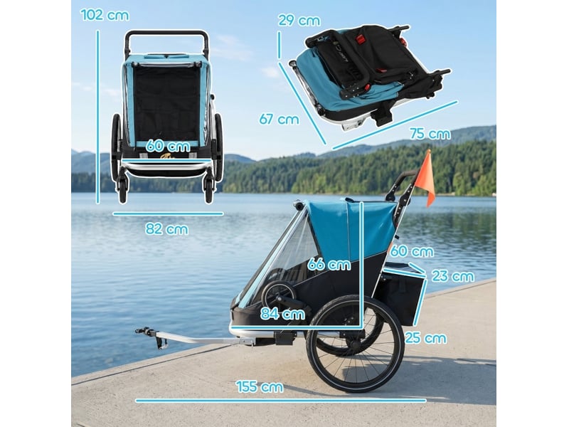  Remorque vélo 2 places 155x82x102 cm – bleue – poussette 2-en-1 pliable, sièges inclinables et rangement  - Conforama C