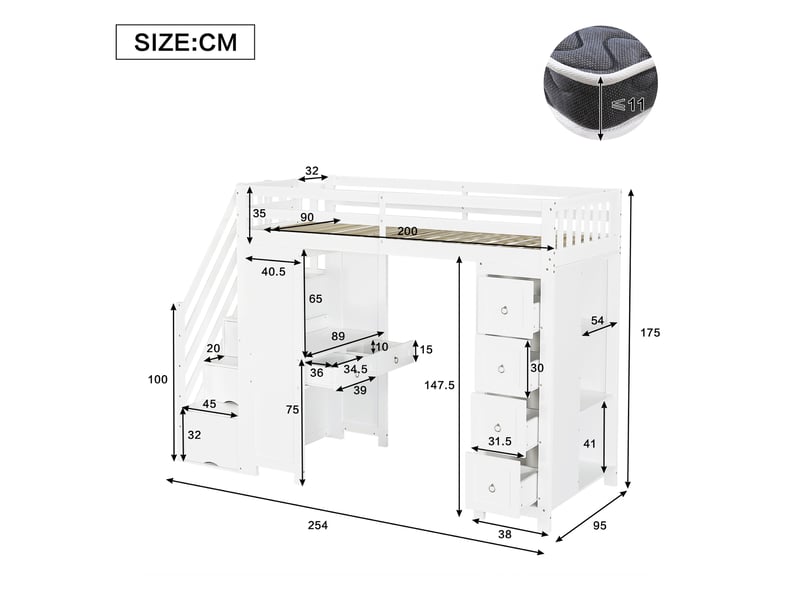 Lit mezzanine enfant 90x200 cm avec bureau, rangements et escalier blanc - Conforama C