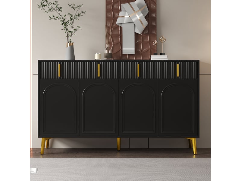  Buffet bas meuble de rangement 140x38x82 cm - 4 portes et 4 tiroirs - étagères amovibles - poignées et pieds dorés - mdf - noir  - Conforama B