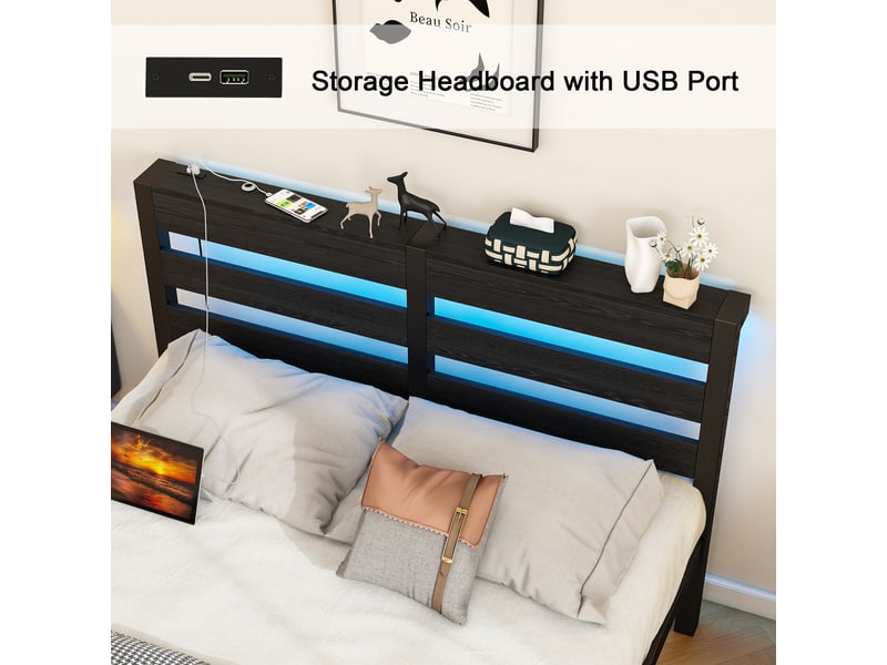  Cadre de lit, lit double 120x200 cm, rangement intégré, led, usb, métal et bois noir, sans matelas  - Conforama W