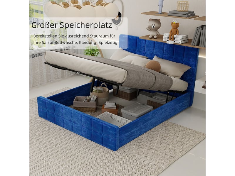  Lit rangement 160 x 200 cm tête de lit velours lit double rangement intégré velours bleu tête de lit rembourrée design moderne  - Conforama D